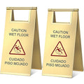 Kigley 2 Pcs Wet Floor Sign, 17 Inch Stainless Steel Caution Wet Floor Sign Double Sided Portable Foldable Bilingual Safety Warning for Hotel Market Restroom Restaurant Office (Gold)