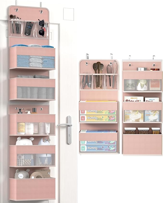 Closet Organizers and Storage, Over The Door Organizer, 6 Shelf Camper Storage, Behind The Door Storage Organizer, Wall Mount Back of Door Hanging Organizers (Pink)