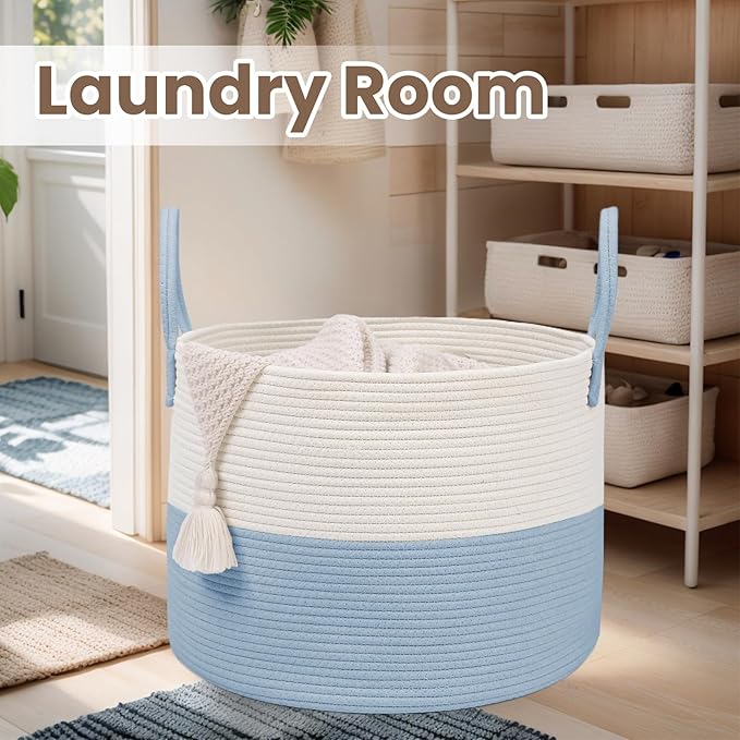 Woven Blanket Basket,115L Large Rope Storage Bin with Handles, Organizer for Blankets Toys Book and Clothes, Laundry Basket for Living Room Bedroom Nursery,White&Blue