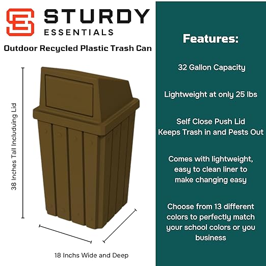 32 Gallon Square Slatted 100% Recycled Plastic Heavy-Duty Commercial Outdoor or Indoor Trash Can with Push Top Lid | Great for Schools and Businesses - Brown
