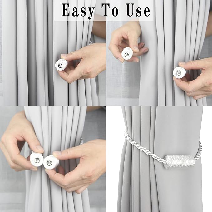 6 Pack White Strong Magnetic Curtain Tiebacks Outdoor Elegant Decorative Tie Backs Modern Rope Tiebacks for Drapes Window Curtain Holdbacks for Draperies
