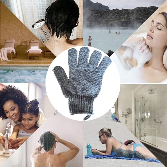 Bath Exfoliating Gloves - 4 Pcs Lengthened and Large Scrubbing Gloves for Shower, Spa, Massage - Scrub Mitts for Body, Face, Hand and Foot (Black and Gray)