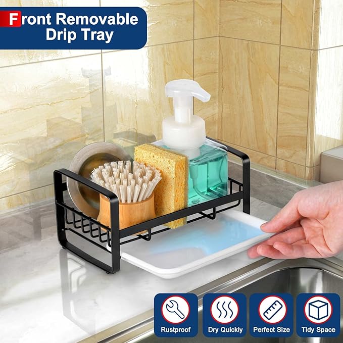 HULISEN Kitchen Sink Sponge Holder, 304 Stainless Steel Kitchen Soap Dispenser Caddy Organizer, Countertop Soap Dish Rack Drainer with Removable Drain Tray, not Including Dispenser and Brush, Black