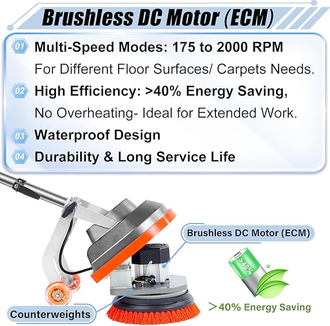 Commercial Floor Scrubber Machine with Brushes and Pads, Heavy Duty Floor Cleaner Polisher and Buffer- Deep Cleaning Tile and Grout, Hardwood Floors and Carpets without Getting on Hands and Knees