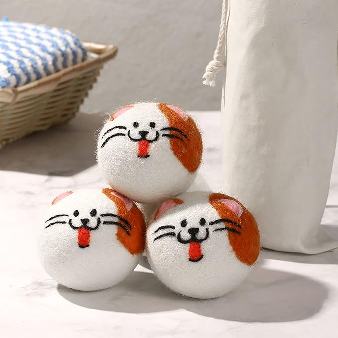 Wool Dryer Balls XL, Cute Cat Face Shape Handmade Dryer Balls Laundry Reusable, Fabric Softener Ball, Shorten Drying Time, Organic Wool - Dry 1000+ Loads(3 Pack Cat Shape)