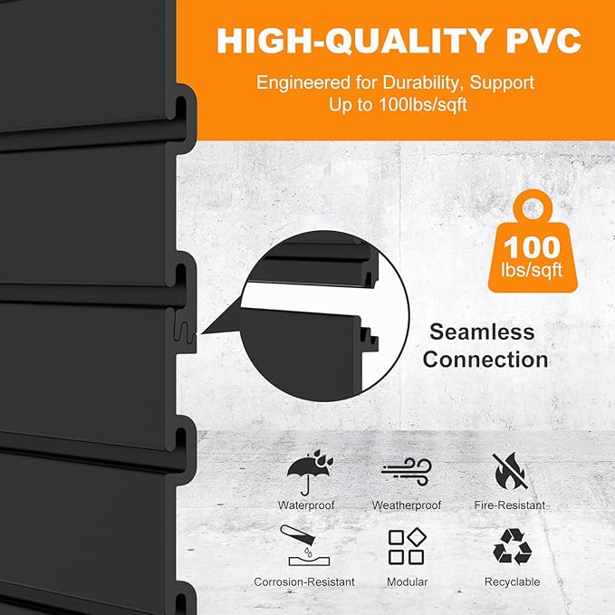 DoCred Slatwall Paneling Organizer, 4x2 FT PVC Garage Slat Wall Storage Systems, Heavy Duty Mounted Slat Peg Board for Tool Organization Ladder Bike Includes 27 PCS Hooks Accessories Kit (Black)