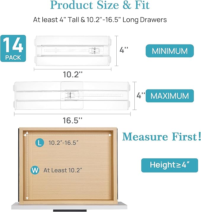 Vtopmart 14 Pack Drawer Dividers for Clothes, 4" High 10.2"-16.6" Adjustable Expandable Dresser Drawer Organizer, Clear Plastic Separators for Dresser, Baby Clothing, Underwear, Cosmetic, Toiletries