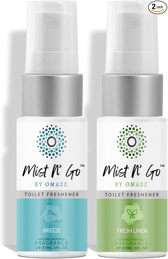 Mist N’ Go by Omaze Travel Bathroom Spray for Toilet Spray Odor Eliminator - Travel Toilet Spray for Bathroom Air Freshener Spray for Bathroom Deodorizer - Clean Mix, Travel Size (1oz x2)