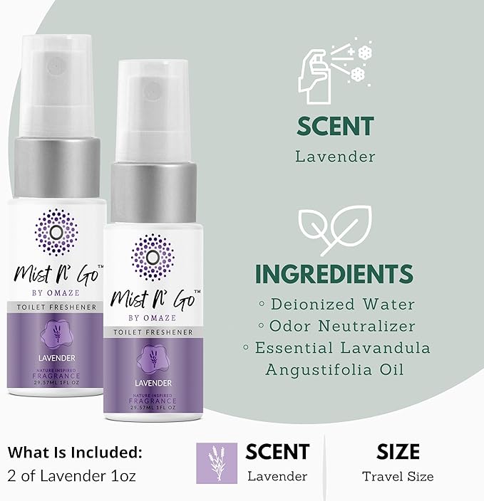 Mist N’ Go by Omaze Travel Bathroom Spray for Toilet Spray Odor Eliminator - Travel Toilet Spray for Bathroom Air Freshener Spray for Bathroom Deodorizer - Lavender Travel Size (1oz x2)