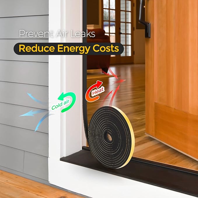 10 Feet Weather Stripping Door Seal, 1" Wide X 1/8" Thick Door Seal Strip High Density Foam Tape Adhesive Strip for Door Soundproofing,Window Insulation (1" x 1/8" x 10FT,Black)