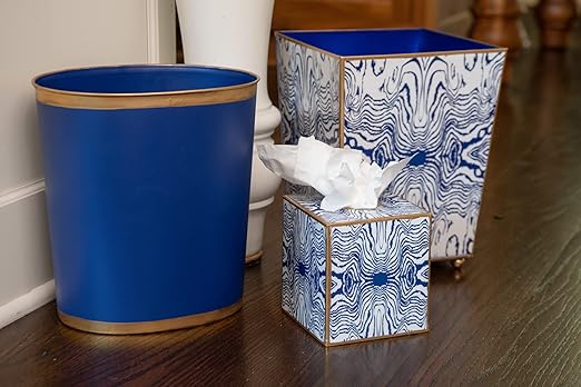 Jaye's Studio Decorative Waste Basket for Bathroom Trash Can Wastebasket, Oval Metal Trash Bin for Bedroom, Office, Blue Garbage Can for Dorm, Blue Trash Can Gold Office Decor, 12" x 10" x 8"