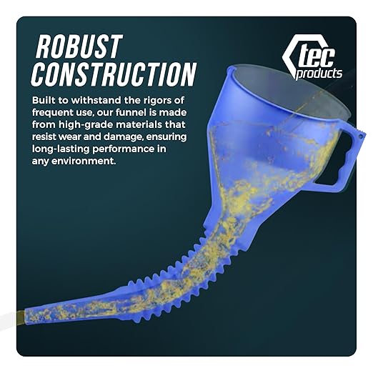 TEC Products FlexAll Long Flexible Funnel for Automotive Use - Durable Nitrile Rubber - Ideal for Car Oil Change, Transmission Funnel Fluid, Diesel, Fuel, Gas - Made in USA - Blue (12 x 4 Inches)