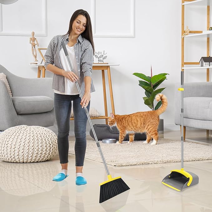 NACENA Broom and Dustpan Set, 52-in Long Adjustable Handle Broom Dustpan Combo with Dustpan Teeth to Automatically Clean Hair Suitable for Home Kitchen Office Hall Floor (Grey&Yellow), 4 Pack