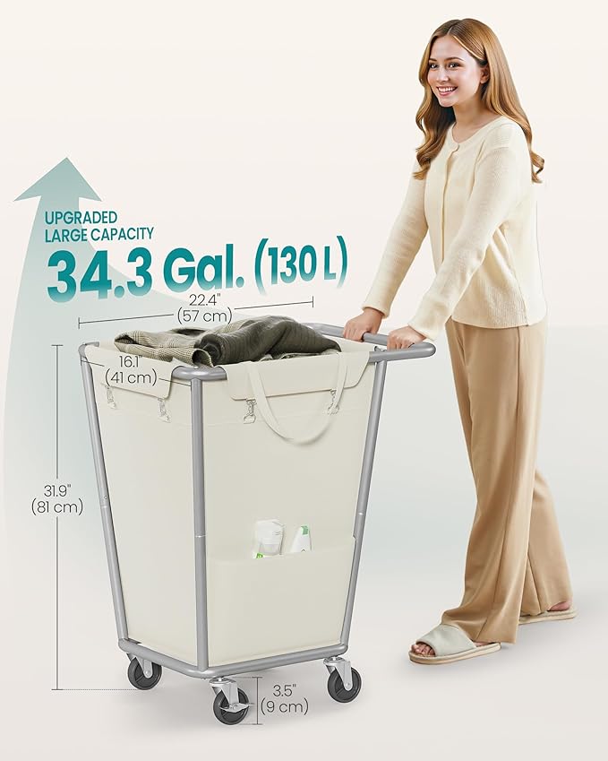 SONGMICS Laundry Basket with Wheels, 34.3 Gallons (130 L) Rolling Laundry Hamper with Removable Bag, Heavy-Duty Steel Frame with Handle, Cream White URLS008W01