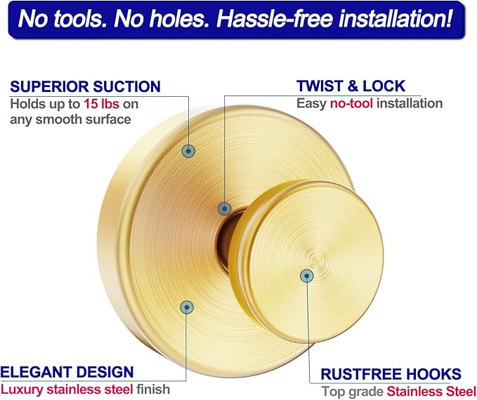 Suction Cup Hooks for Shower, Removable Towel Hooks for Bathroom Window Glass Door Wall, Bath Robe Looafh Hook for Hanging - 4 Pack, Gold1