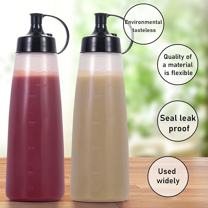 Condiment Squeeze Bottles Ketchup Dispenser 2PCS 16.9 oz Plastic Sauce Squirt Bottle with Cap Lids, Pancake Squirt Bottles for Sauces Liquids Mustard BBQ Dressing Pancake Art,Wide Mouth