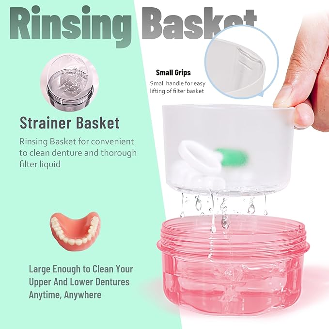 No Leak & Non-Slip Partial Denture Case Retainer Bath Box Cup, Denture Soaking Cup False Teeth Holder Box Case with Strainer Basket and Brush,Dishwasher safe - Transparent Pink