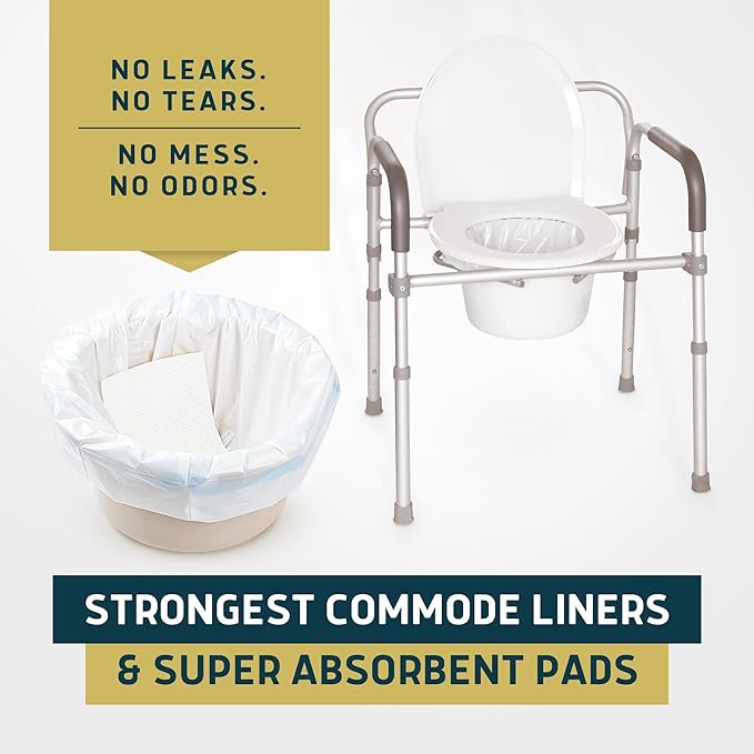 Lunderg Commode Liners with Absorbent Pads - Jasmine Scent Medical Grade 50 Count Universal Fit - Disposable Bedside Commode Liners and Pads for Adult Chairs, Portable Buckets & Camping Toilet Bags