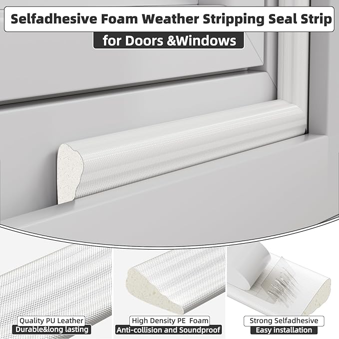 16.4 Ft Weather Stripping Seal Strip for Doors/Windows,Soundproofing Window Insulation Draft Stopper for Winter, Selfadhesive Foam Weather Strip for Door Frame,Door Gap Filler Noise Blocker(White)