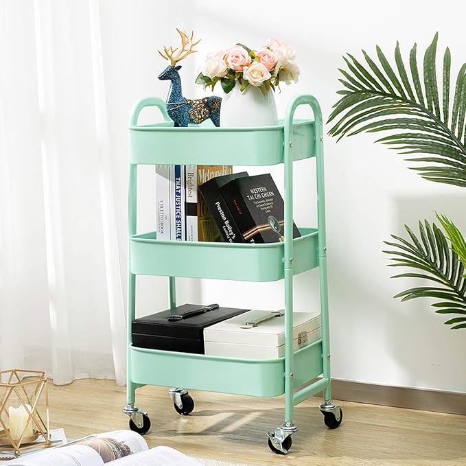 AGTEK Makeup Cart, Movable Rolling Organizer Cart, Macaron Blue 3 Tier Metal Utility Cart