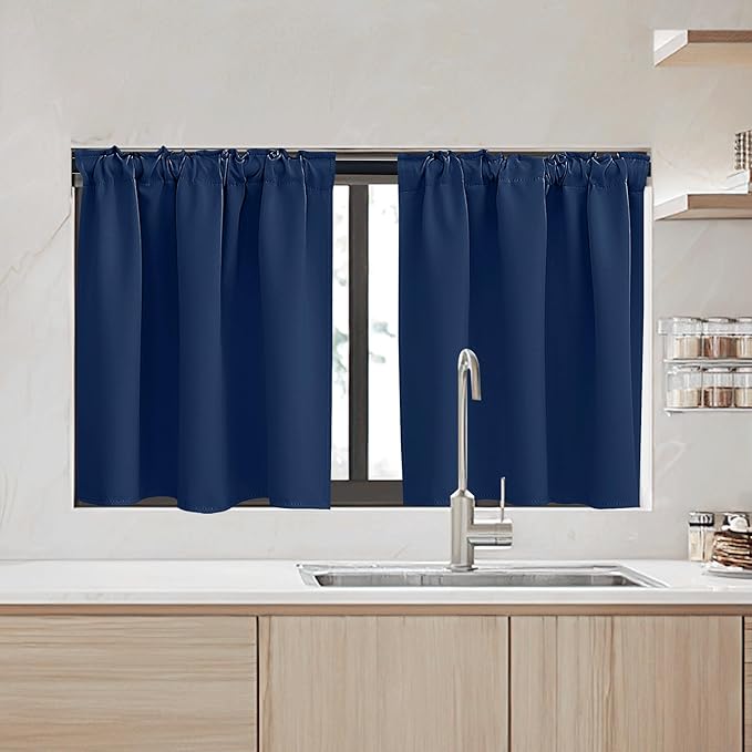 RYB HOME Kitchen Window Curtains - Blackout Privacy Half Window Curtains for Bedroom Bathroom Dining Living Room Cafe Office Short Tiers Drapes, W 34 x L 36 inches, 2 Panels, Navy Blue