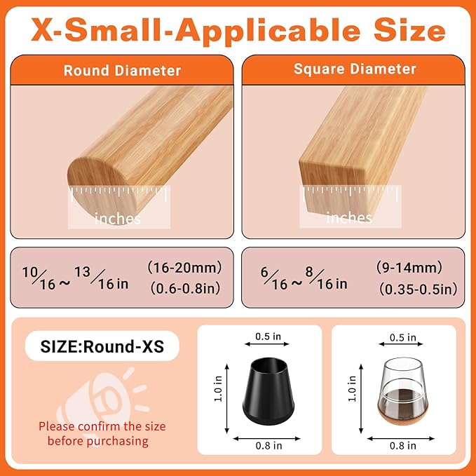 Chair Leg Floor Protectors Extra Small 16 Pcs,Silicone Chair Leg Protectors for Hardwood Floors/Tiles,360°Wrapped Felt Bottom to Prevent Scratch and Reduce Noise, Round Black