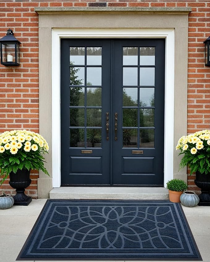 DEXI Front Door Mat Outside Entrance, Heavy Duty Non Slip Low Profile Doormat for Entryway, Trap Dirt and Moisture Welcome Mats, Easy Clean, Patio, Garage, 17x29, Blue