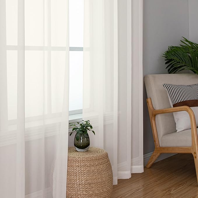 Chyhomenyc Sheer Curtains 120 Inch Extra Long, 2 Pieces, Rod Pocket Top Soft Voile Texture Window Draperies Lightweight & Airy Panels for Living Room/Bedroom, Each 42W x 120L inches, Ivory