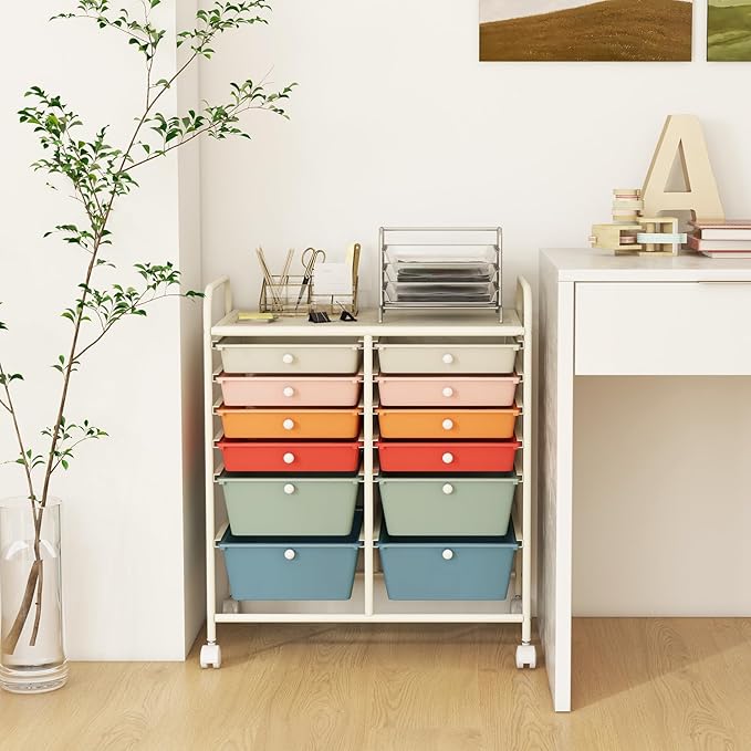 GOFLAME 12-Drawer Rolling Storage Cart, Multipurpose Organizer with 2 Sizes Plastic Drawers, Mobile Utility Cart with Lockable Casters for Home, Office, Beauty Salon, School, Macaron Color