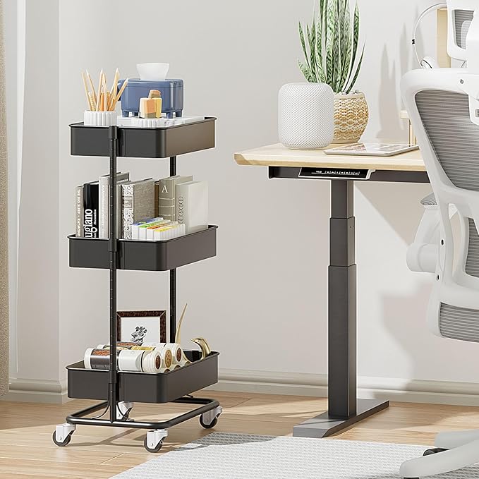 3 Tier Modern Metal Rolling Tool Cart with Silent Casters, 17.72×12.40×35.04 inch Heavy Duty Organization Truck Trolley Organizer for Office, Living Room, Kitchen, (Black)