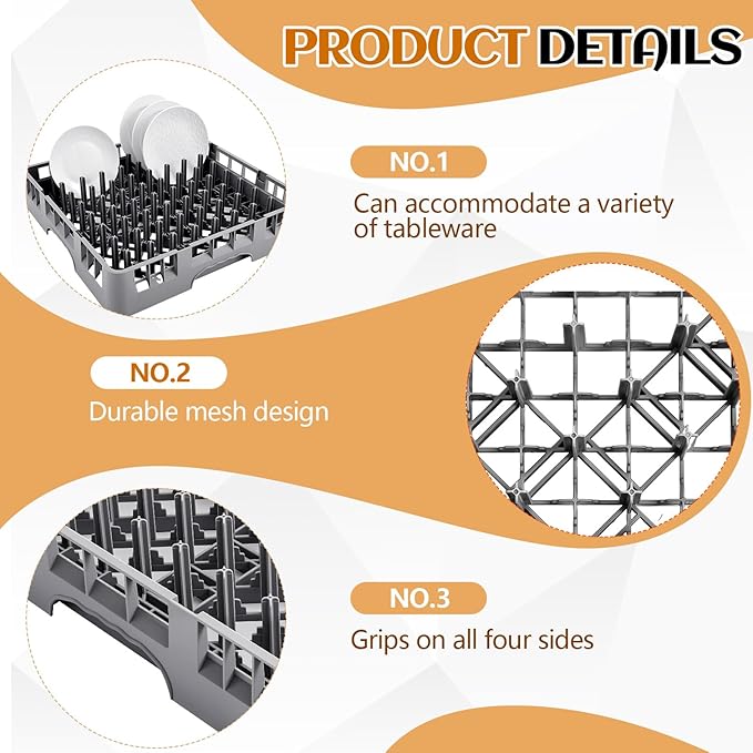 Commercial Dishwasher Tray Rack Polypropylene Full Size Flatware Rack for Bowls Plates Knives Forks Cups(19.7 x 19.7 x 3.97 Inch,Peg Dish,Gray)