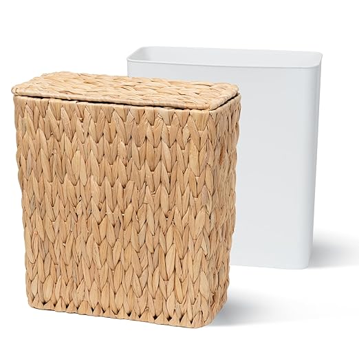 3 Gallon Wicker Trash Can,Small Bathroom Trash Can with Lid,Natural Water Hyacinth Wicker Waste Basket for Bedroom,Toilet,Narrow Garbage Can with Removable Liner