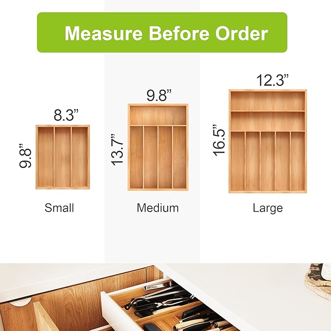 Bamboo Utensil Drawer Organizer, Silverware Tray Organizer, Kitchen Drawer Organizer for Flatware Cutlery, Silverware Tray for Drawer (brown, Large 16.5x12.3 Inch)