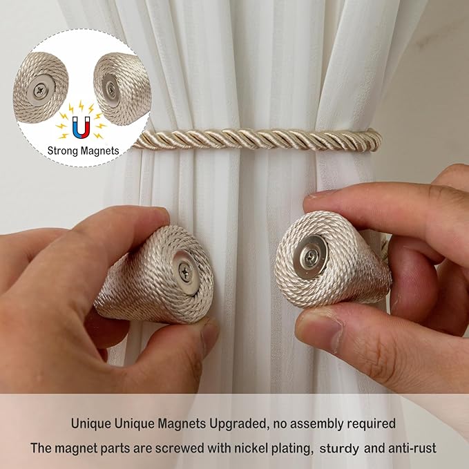 Magnetic Curtain Tiebacks 6 Pack Outdoor Rope Curtain Tie Backs Decorative Window Treatment Holdbacks for Home Decorative Curtain, Beige