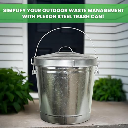 Plexon 10 Gallon Trash Can with Lid Outdoor Galvanized Metal Bucket with Locking Lid for Poultry Feed Bird Seed Storage Ash Garbage Trash Bin