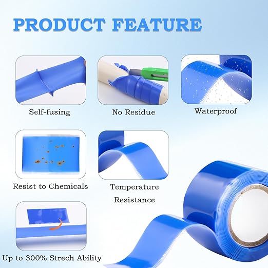 Self Fusing Silicone Tape 1 in x 5' Blue Waterproof Rubber Leak Proof Sealing Silicone Rubber Self-amalgamating Tape for Emergency Hot and Cold Water Pipe Repairs and Tool Fixation