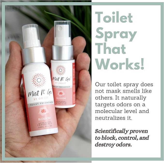 Mist N’ Go by Omaze Travel Bathroom Spray for Toilet Spray Odor Eliminator - Travel Toilet Spray for Bathroom Air Freshener Spray for Bathroom Deodorizer - Blossom Travel Size (1oz x3)