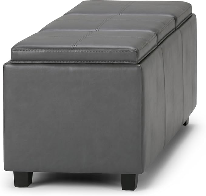 SIMPLIHOME Avalon 42 inch Wide Contemporary Rectangle Storage Ottoman in Stone Grey Vegan Faux Leather, Assembled, For the Living Room, Entryway and Family Room