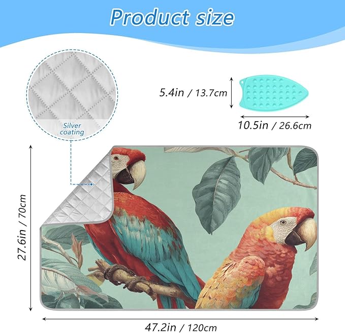 Tropical Parrots on The Branc Ironing Mat Thickened Ironing Blanket Travel Portable Double-Side Using Ironing Pad Travel Isolate Heat Pad Cover for Washer Dryer Table Top Countertop 27.6x47.2