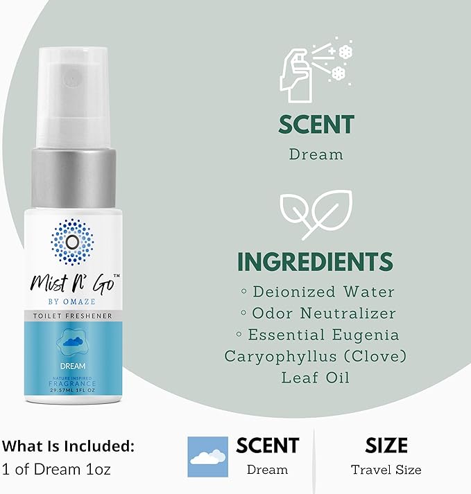 Mist N’ Go by Omaze Travel Bathroom Spray for Toilet Spray Odor Eliminator - Travel Toilet Spray for Bathroom Air Freshener Spray for Bathroom Deodorizer - Dream Travel Size (1oz x1)