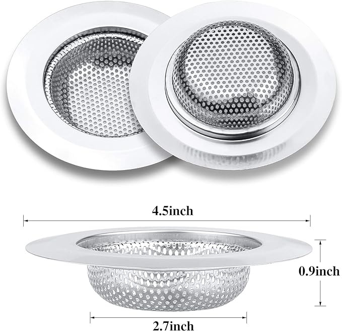 2 Pcs Kitchen Sink Strainer, Stainless Steel Drain Cover, Large Wide Rim 4.5" Diameter, Anti Clogging Basket Catcher, Dishwasher Safe