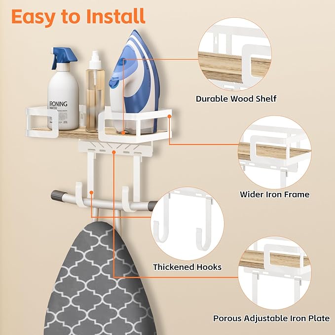 Ironing Board Holder Wall Mount, Iron Board Wall Hanger, Sewing, Laundry Room Organization, White, T&V Shaped Space Saving Iron Holder for Laundry Room Decor and Accessories, Organization and Storage
