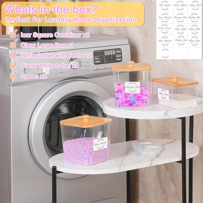 efluky 3 Pack Laundry Pods Container & Dryer Sheet Holder Set,Clear Laundry Room Organization Containers with Bamboo Lids and Labels,Laundry Pods Holder for Scent Booster,Powder,Pod