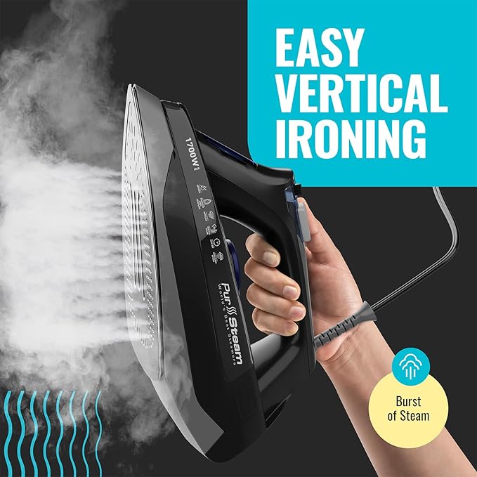 Pursteam Steam Iron for Clothes 1700W with Self-Cleaning Nonstick Stainless Steel Soleplate, Auto Shutoff, Anti-Drip