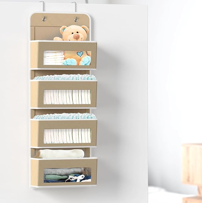 Simple Houseware 4 Clear Window Pocket Over Closet Door Storage Hanging Organizer for Bedroom, Bathroom, Pantry, Beige