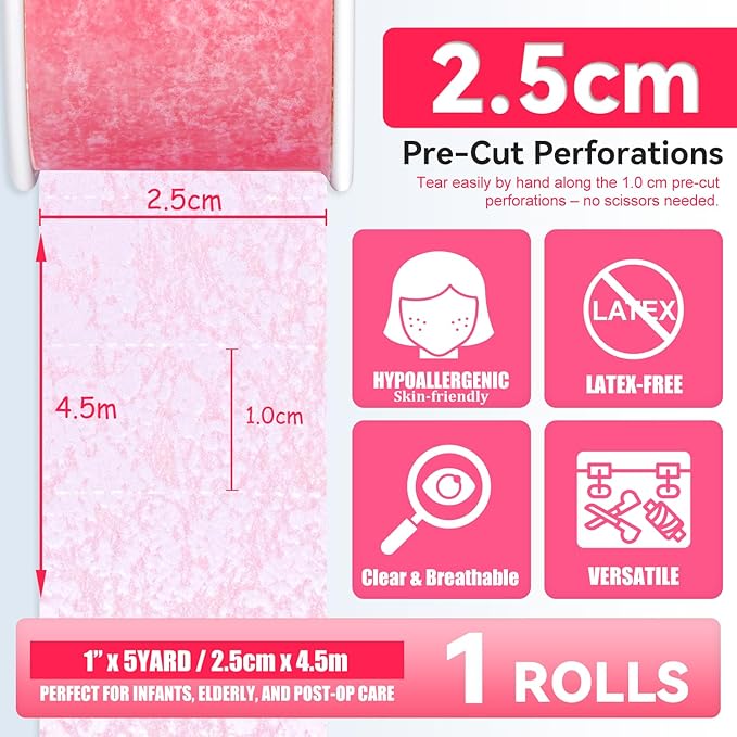 FRESINIDER Silicone Tape 1" x 5 Yard Pink 1 Roll for Sensitive Skin, Pre-Cut Waterproof Medical Tape, Gentle Adhesive for Wound Care, Surgical Sites, Infants and Elderly