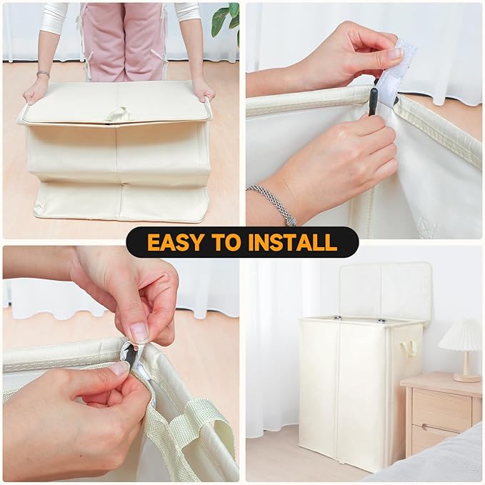 182L Oversized Laundry Hamper 2 Section with Lid and Removable Bags,Double Laundry Basket 30in Dirty Clothes Hamper 2 Dividers for Bedroom,Laundry Room,Bathroom,Dorm Beige White