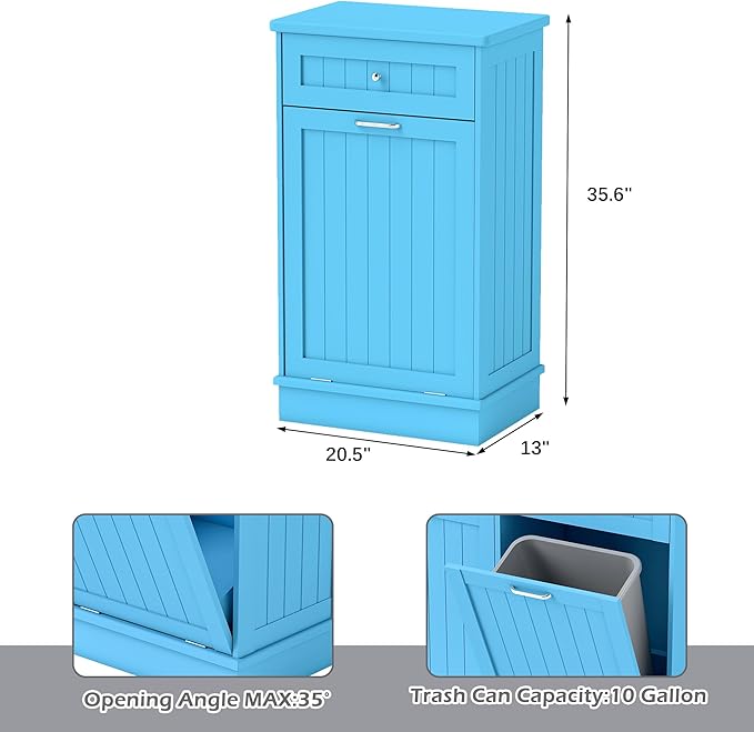 Betterhood Tilt Out Trash Cabinet 10 Gallon Wooden Free Standing Laundry Sorter Cabinet,Recycling Cabinet with Hideaway Drawer,Tilt Out Trash Cabinet Can Bin Kitchen (Single Light Blue, Single Dooor)
