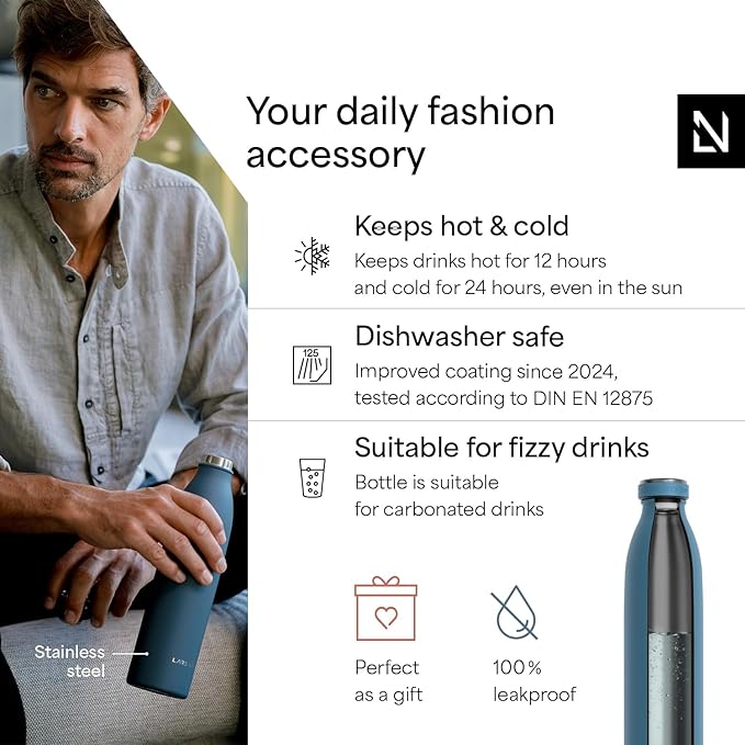 LARS NYSØM Stainless Steel Insulated Water Bottle 12oz 17oz 25oz 34oz 51oz | Insulated Thermo Flask for Hot and Cold Beverages | Leakproof Drinking Bottle (Calypso Blue, 17oz)