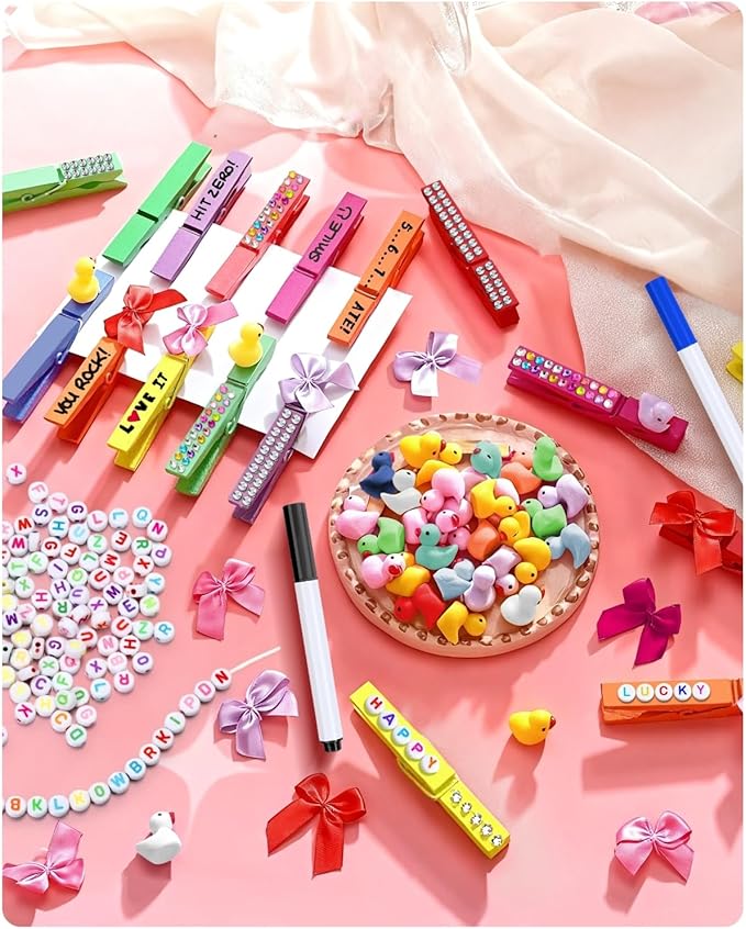 SF SOONEAT Cheer Pins for Backpack Cheer Stuff Kit 70 Colored Clothes Pins with Mini Resin Ducks Bows Letter Beads Team Cheerleaders Gifts Bulk Pin Me Ribbon for Bag Decorations Colorful Spirit Clips